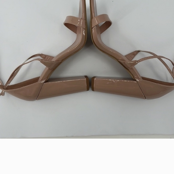 Charles Albert Faux Patent Leather High Block Heel Wrap Nude Tan Heels Strappy 8 - Picture 7 of 8